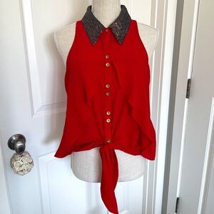 XOXO | Y2K Red Sleeveless Sheer Blouse with Gold Sequin Collar – Size M
